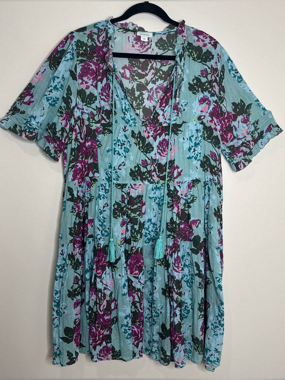 Sundance Cotton Boho Floral Short Sleeve Flowy Tassel Knee Length Dress Large